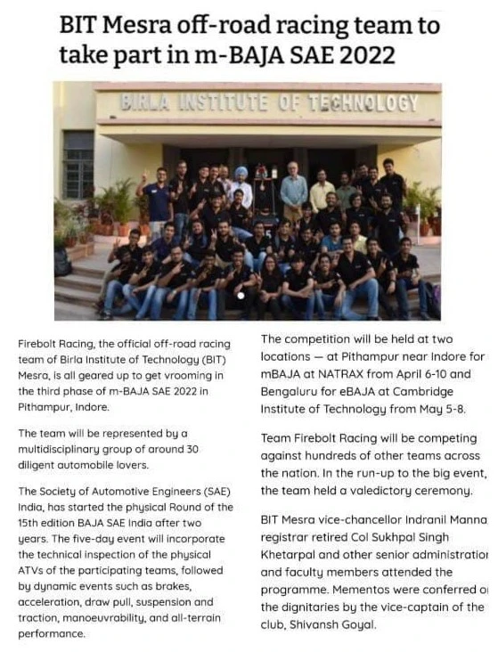 BIT Mesra's off-road racing team is set to participate in MBAJA SAE 2022