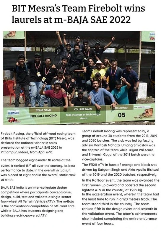 BIT Mesra's Team Firebolt earns accolades at M-BAJA SAE 2022